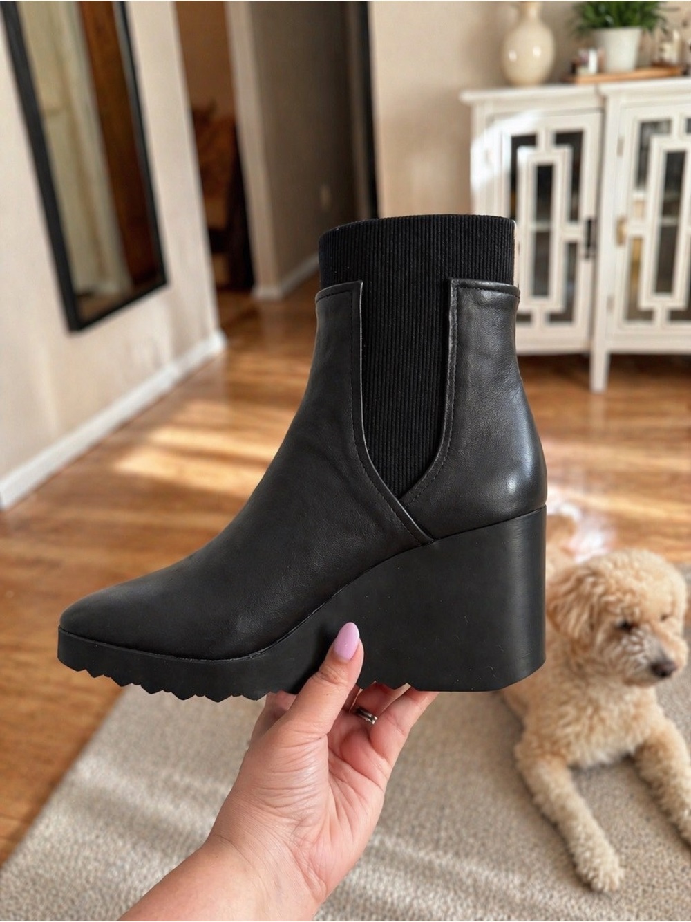 Donna Karan Black Wedge Ankle Boot with Ribbed Collar